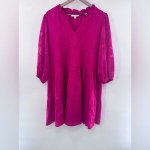 Umgee Tiered Ruffle Collar Dress in Fuchsia Sheer Sleeves Size XL